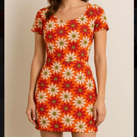 American Vintage Dresses & Skirts - vintage Y2K 2000s retro Daisy Orange and pink floral mini dress mini large